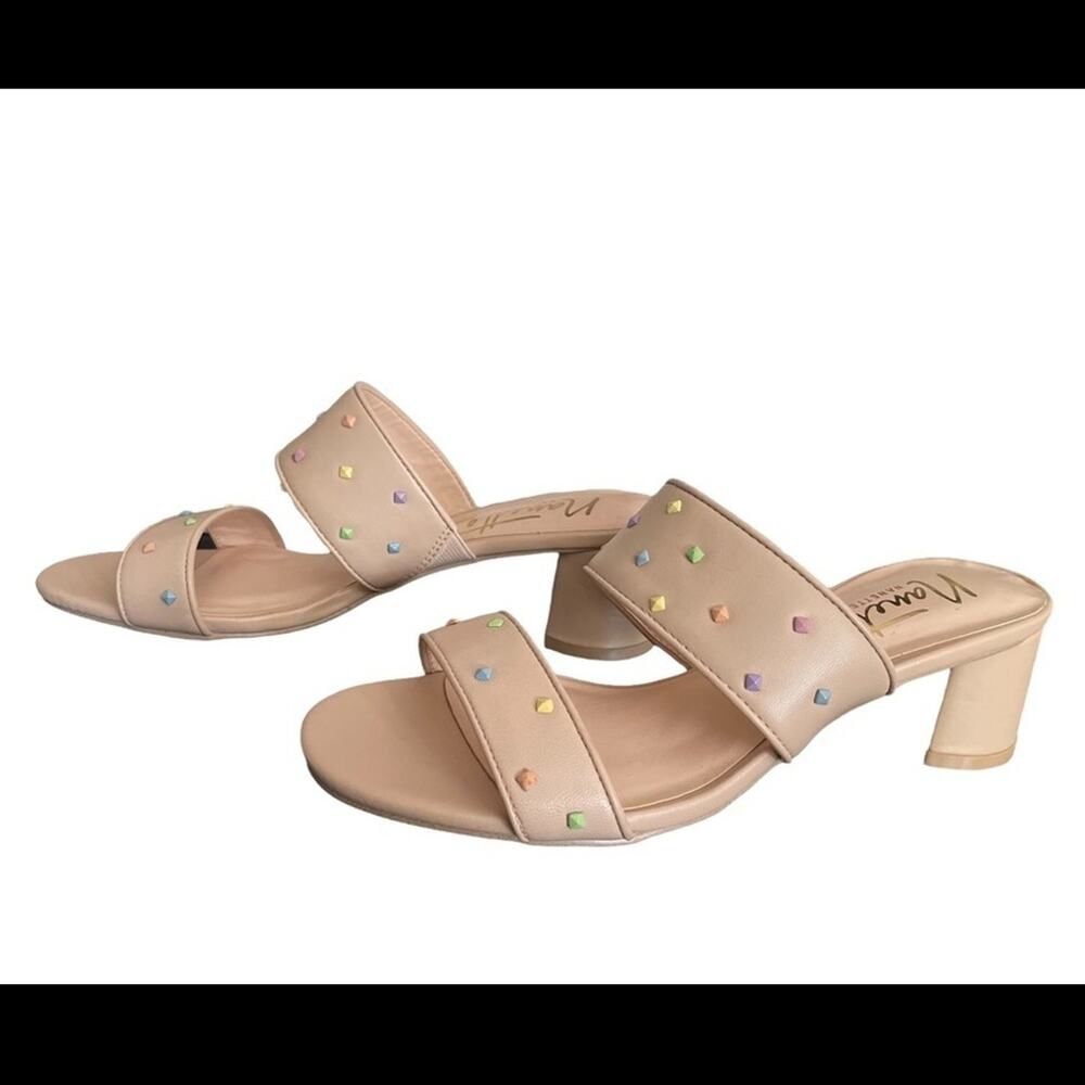 Nanette Lepore Drew Sandals size 7 Beige Block Heel Minimalist Colorful Studs